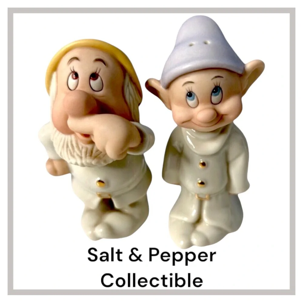 Disney Lenox Sneezy & Dopey Seven Dwarfs Salt & Pepper Shakers Host Pick Collect - Picture 2 of 16
